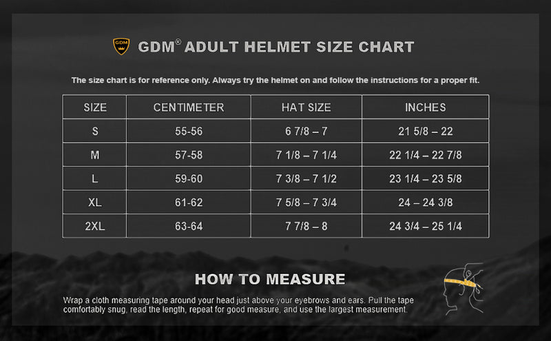 Size chart for GDM RAPTOR Modular Bluetooth Motorcycle Helmet Flip-up