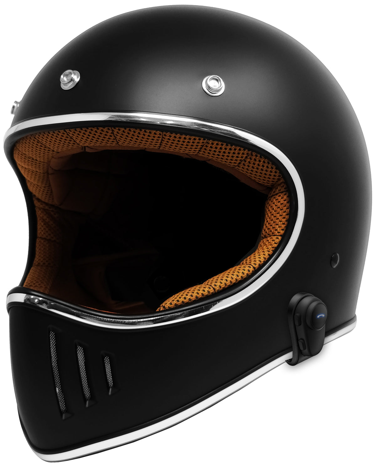GDM REBEL Bluetooth full face helmet, front three-quarter view with the tan liner