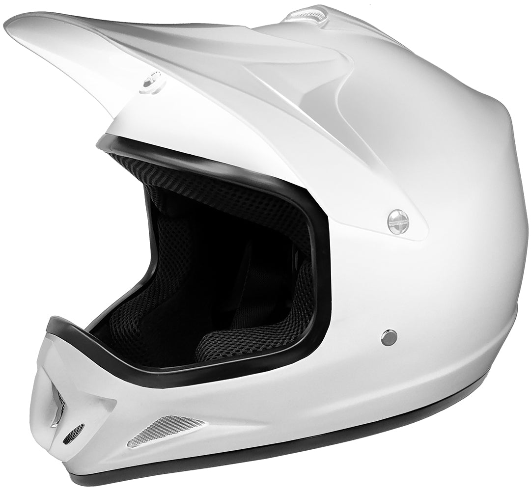 GDM DK-630 white youth dirt bike helmet, front three-quarter view