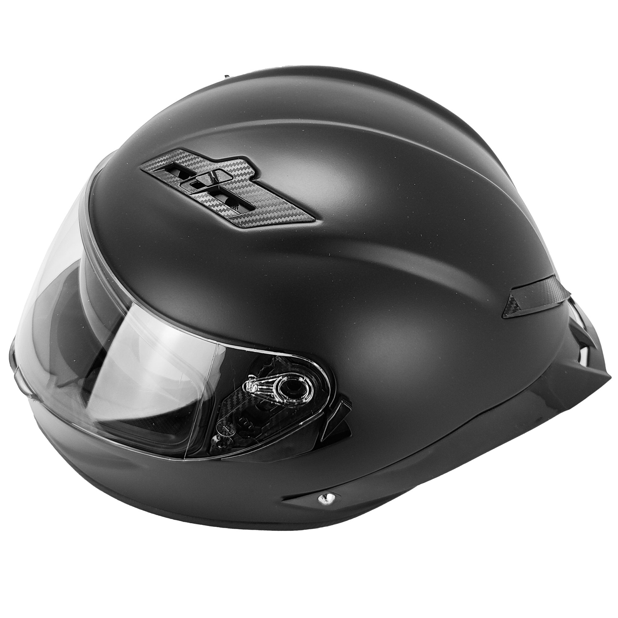 GDM DEMON Bluetooth Motorcycle Helmet with Intercom in matte black finish, featuring aerodynamic full face design and detachable clear visor. Side view