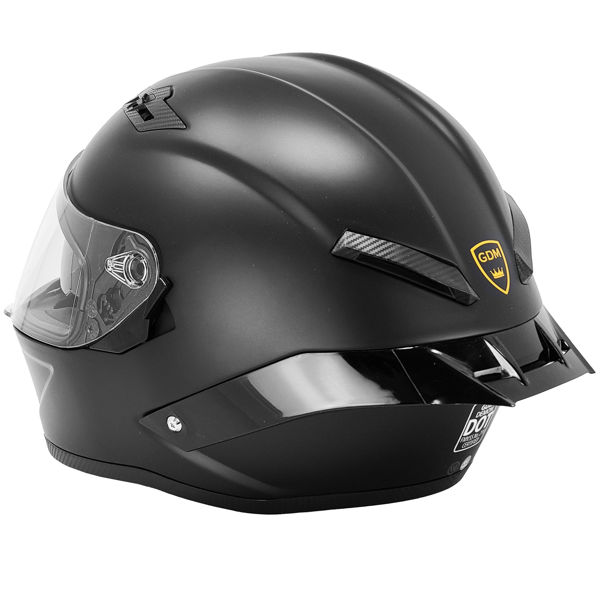 GDM DEMON Bluetooth Motorcycle Helmet with Intercom in matte black finish, featuring aerodynamic full face design and DOT FMVSS-218 certification. Includes integrated visor and rear spoiler for enhanced performance and safety.