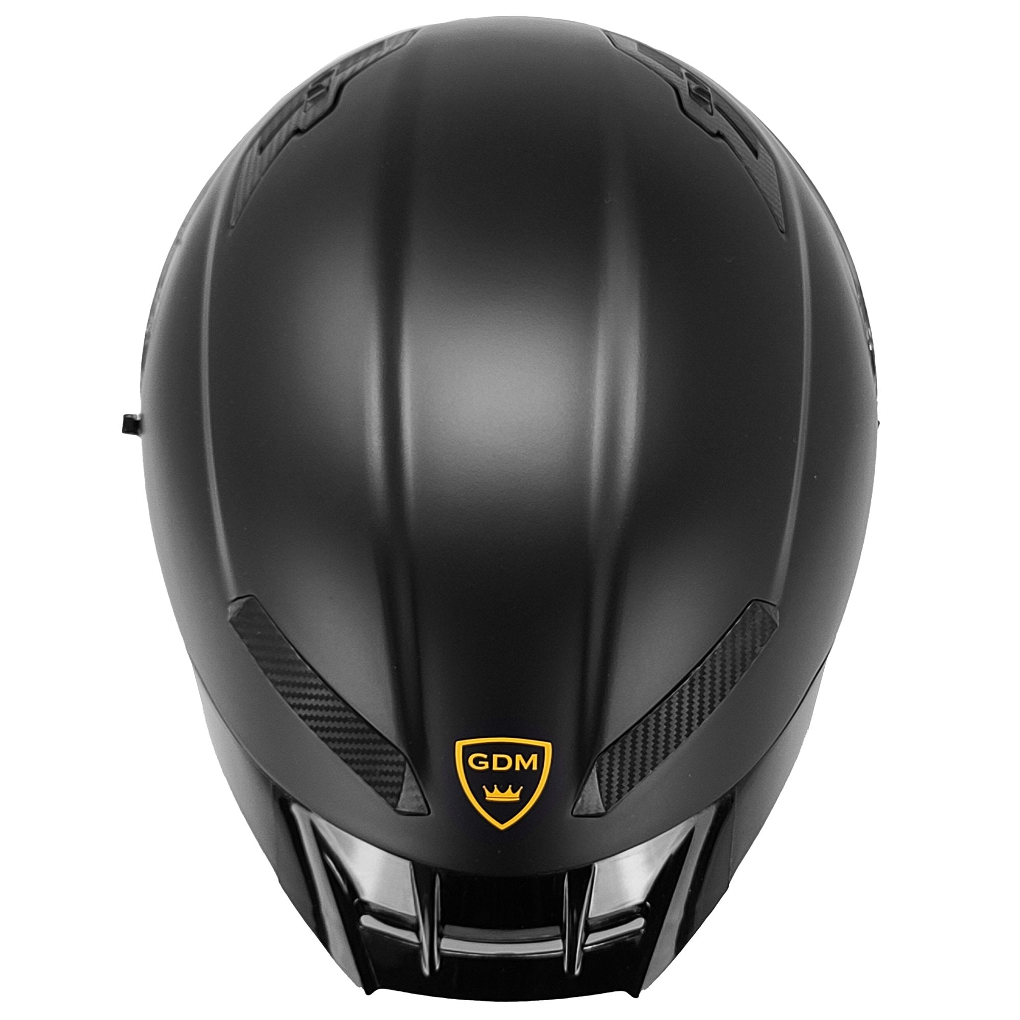 GDM DEMON Bluetooth Motorcycle Helmet with Intercom in matte black finish, featuring aerodynamic full face design and detachable clear visor. top view