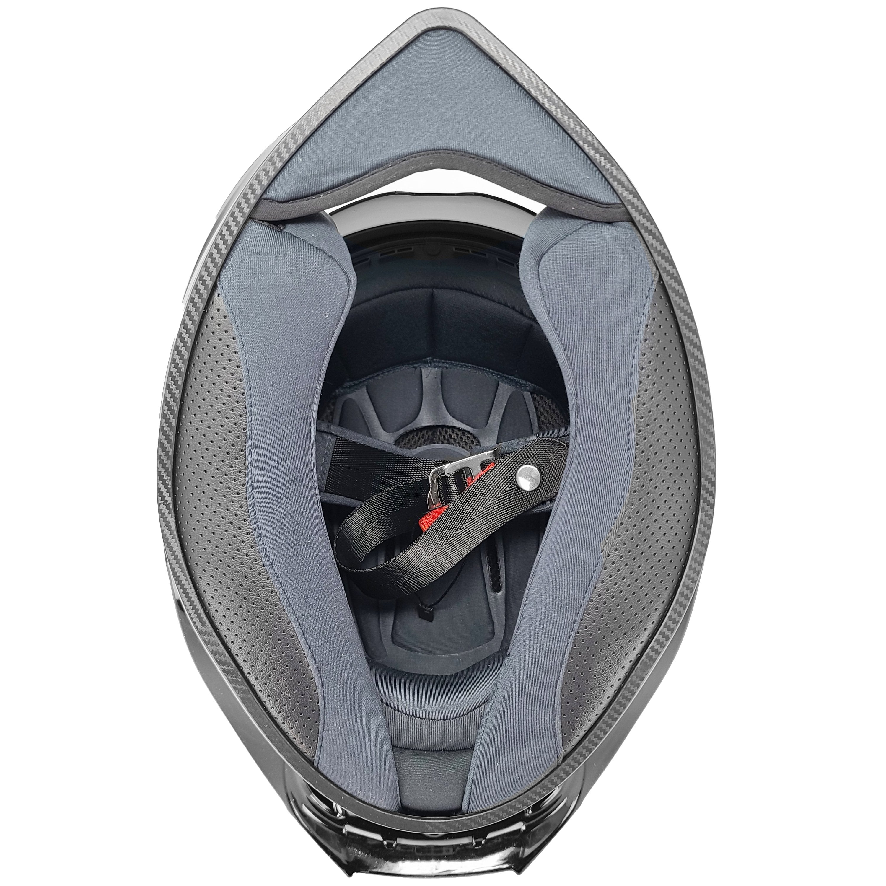 GDM DEMON Bluetooth Motorcycle Helmet with Intercom in matte black finish, featuring aerodynamic full face design and detachable clear visor. inside view of padding