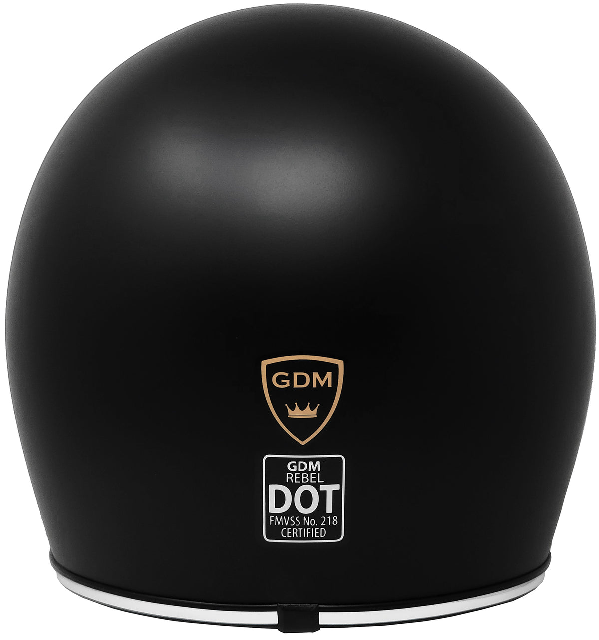 Back of the GDM REBEL helmet with the GDM logo and DOT FMVSS-218 label