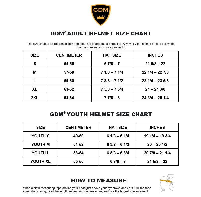 GDM DEMON Bluetooth Motorcycle Helmet with Intercom in matte black finish, featuring aerodynamic full face design and detachable clear visor. size Chart