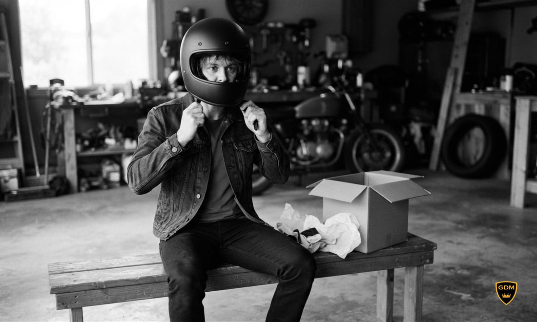 Rider on a garage bench pulling on a new full face motorcycle helmet beside an open helmet box