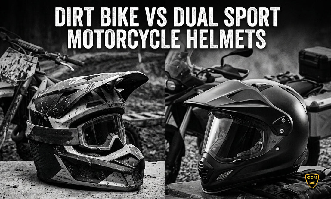 GDM dual sport helmet next to a motocross-style helmet
