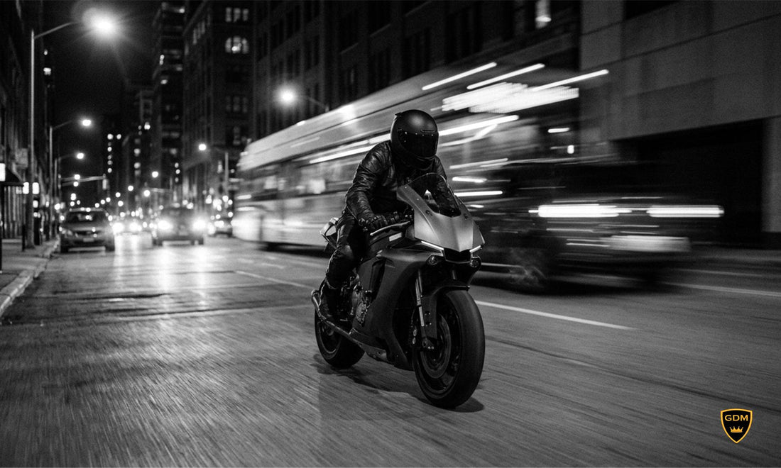 Rider in a matte black full face helmet riding a sport bike through a city street at night