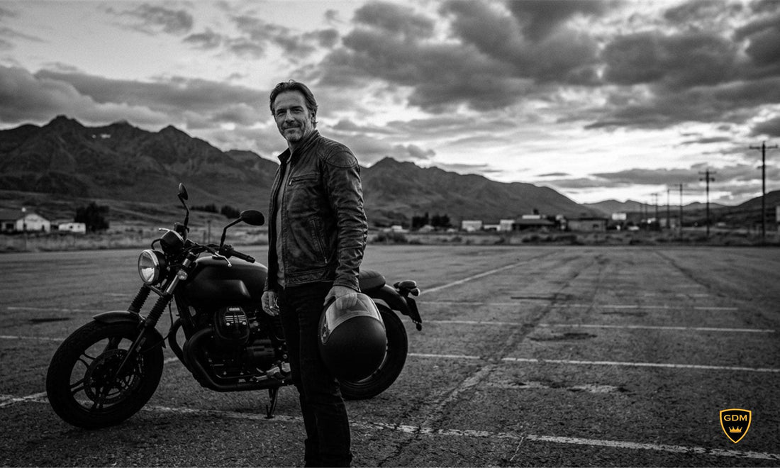 Tall rider holding a full face motorcycle helmet beside a cruiser motorcycle at dusk