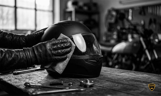 Gloved hand wiping the face shield of a matte black motorcycle helmet on a garage workbench