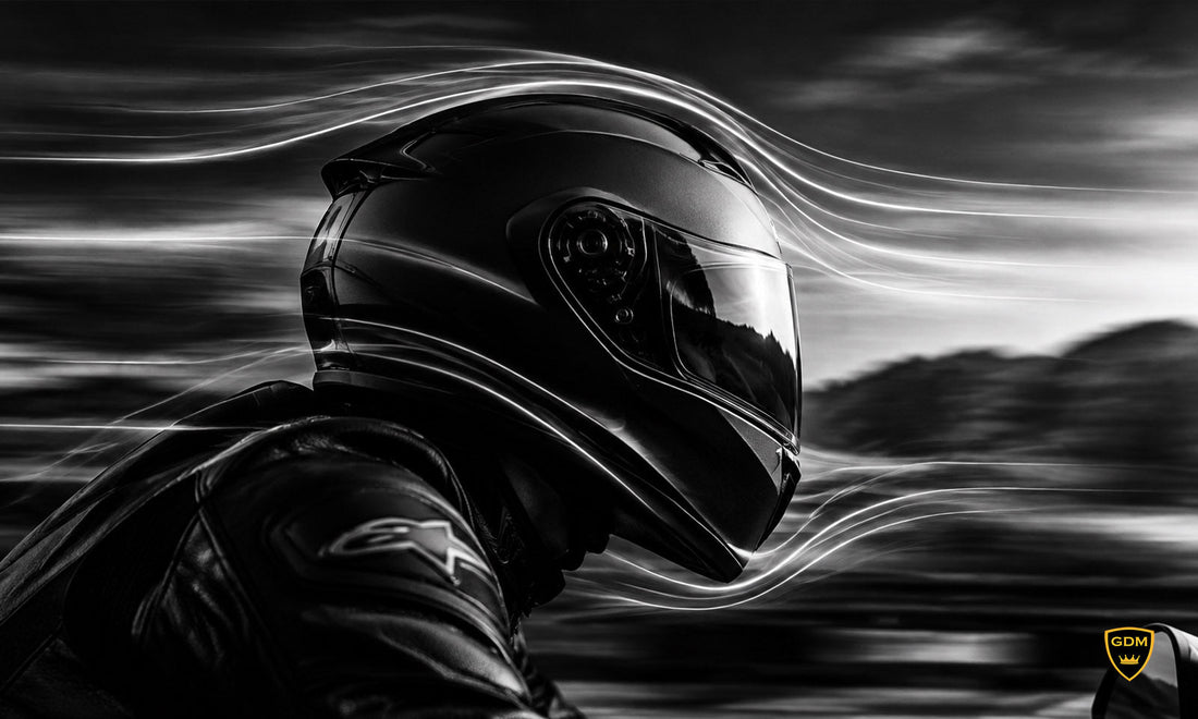 Rider wearing a GDM full face motorcycle helmet on the highway