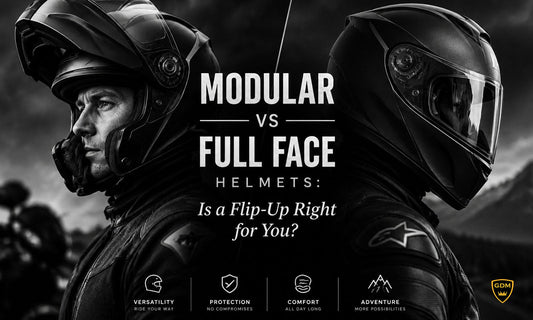GDM RAPTOR modular helmet with chin bar flipped up next to a full face motorcycle helmet