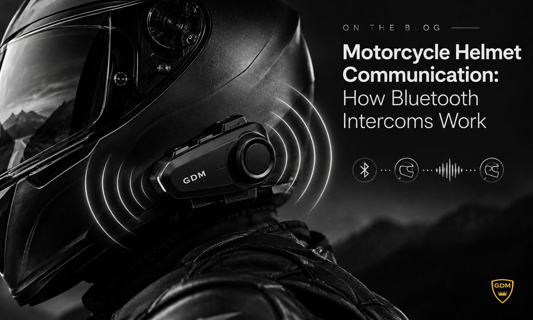 GDM HyperSonic Bluetooth intercom headset mounted on a motorcycle helmet