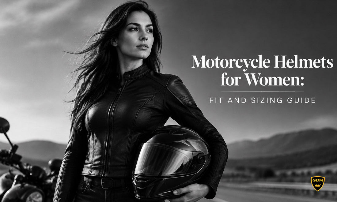 Woman rider holding a GDM full face motorcycle helmet