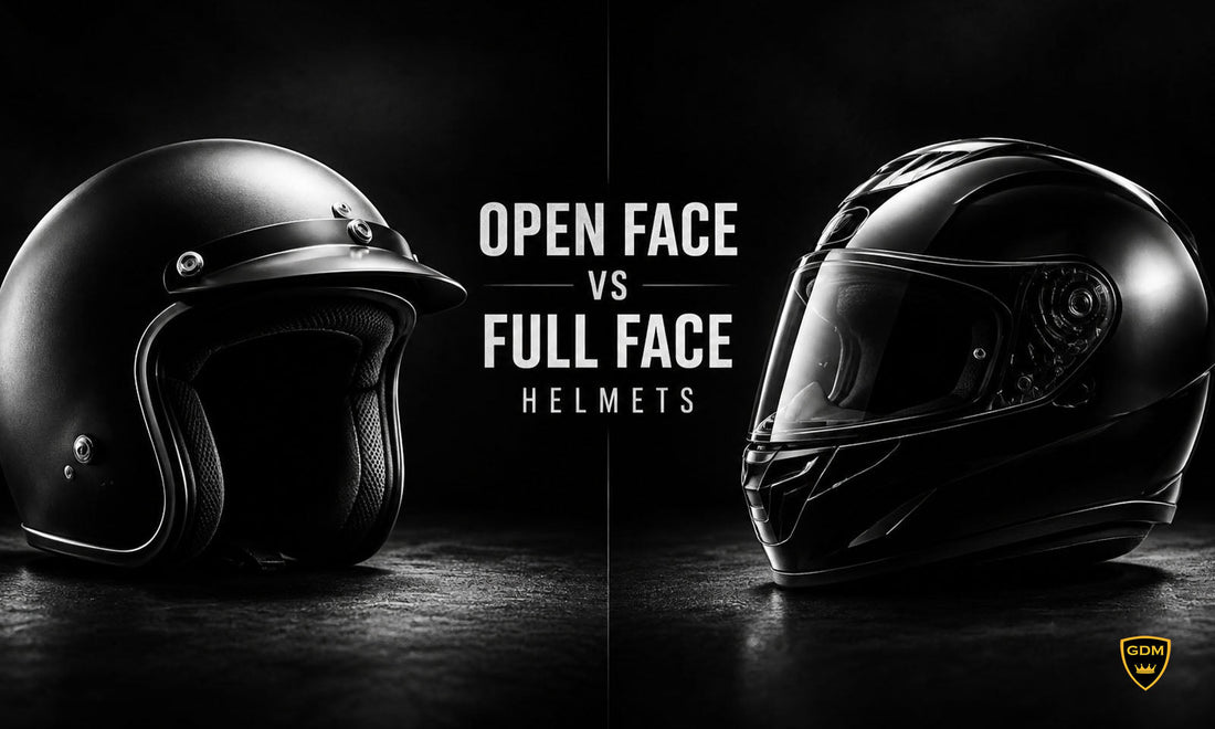 GDM open face 3/4 helmet next to a full face motorcycle helmet