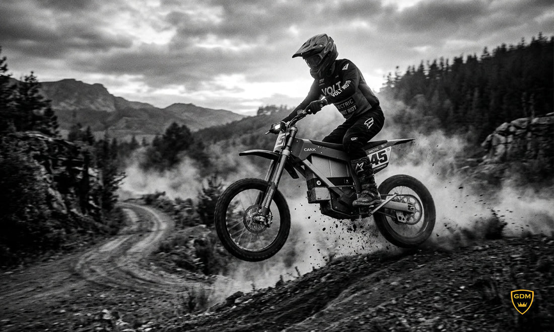 Rider in a GDM dual sport helmet on an electric dirt bike