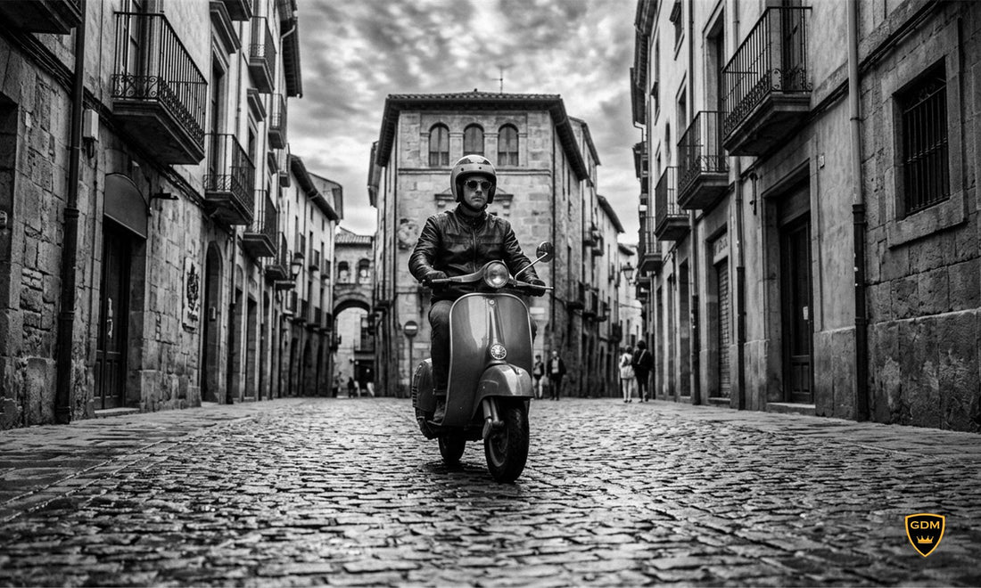 Scooter rider in a vintage open face helmet on a cobblestone street
