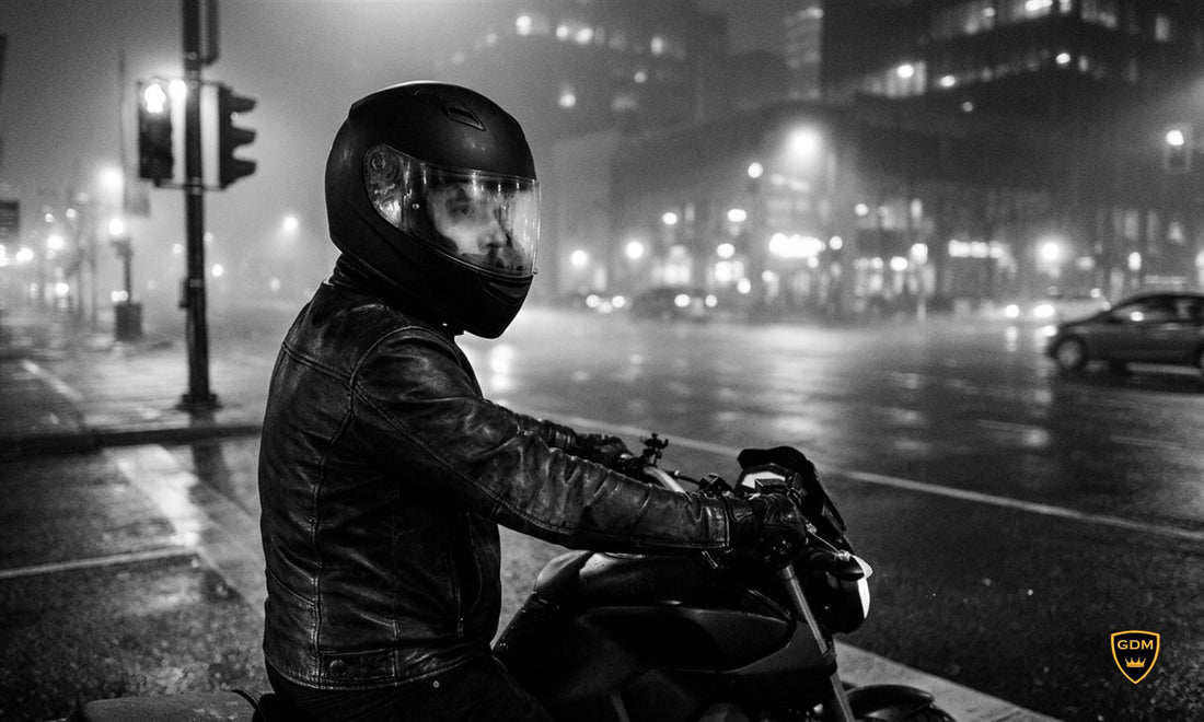 Motorcyclist in a full face helmet with a fogged visor waiting at a traffic light on a misty city street