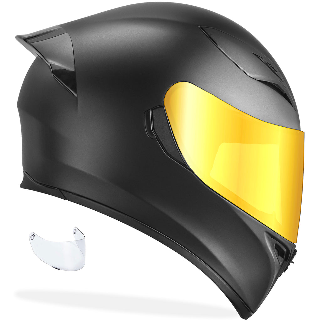 GDM Ghost Full Face Motorcycle Helmet Matte Black X-Large / Matte Black / Gold & Clear