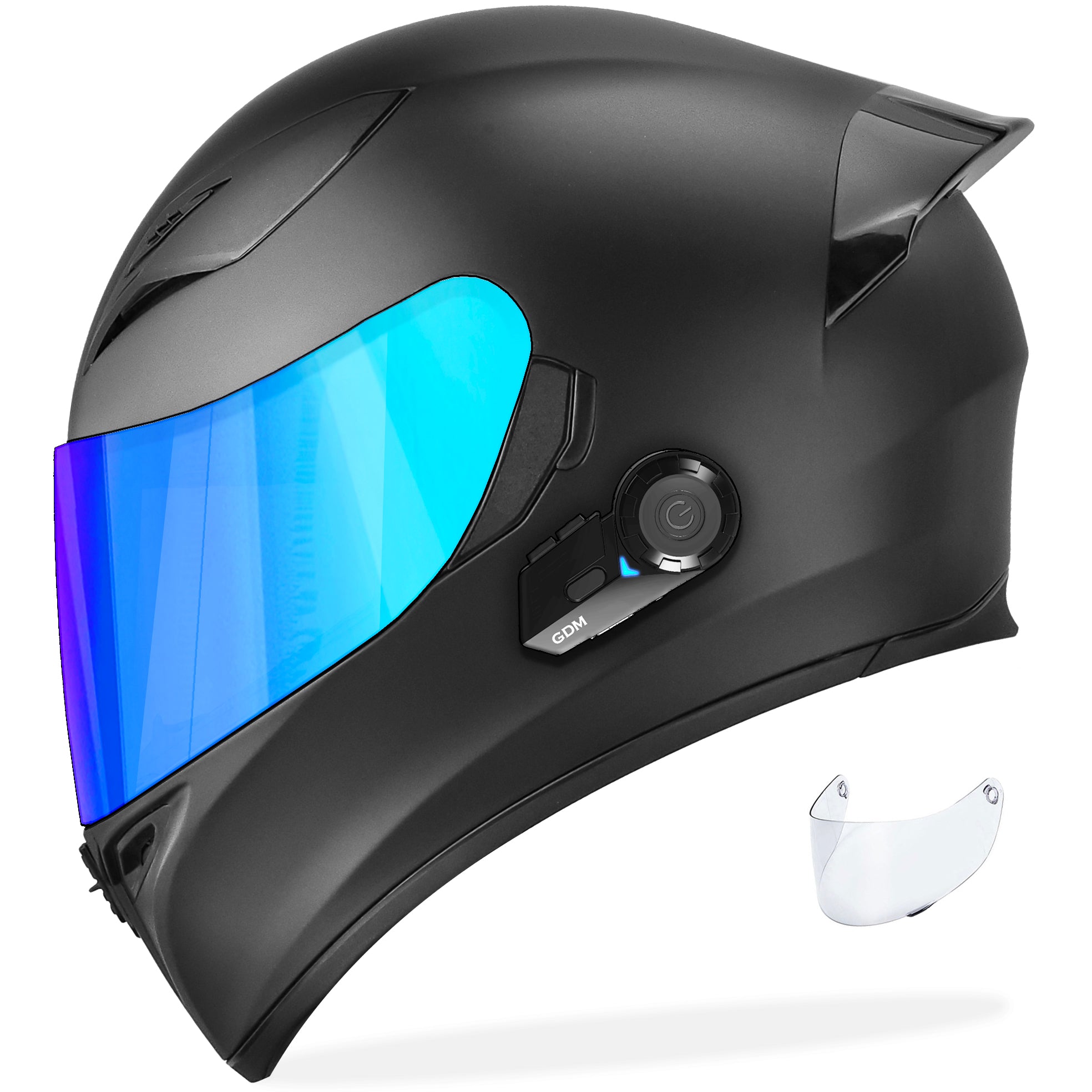 GDM Ghost Motorcycle Helmet with Bluetooth Headset Small / Matte Black / Iridium \u0026 Clear, image size:1968x1968