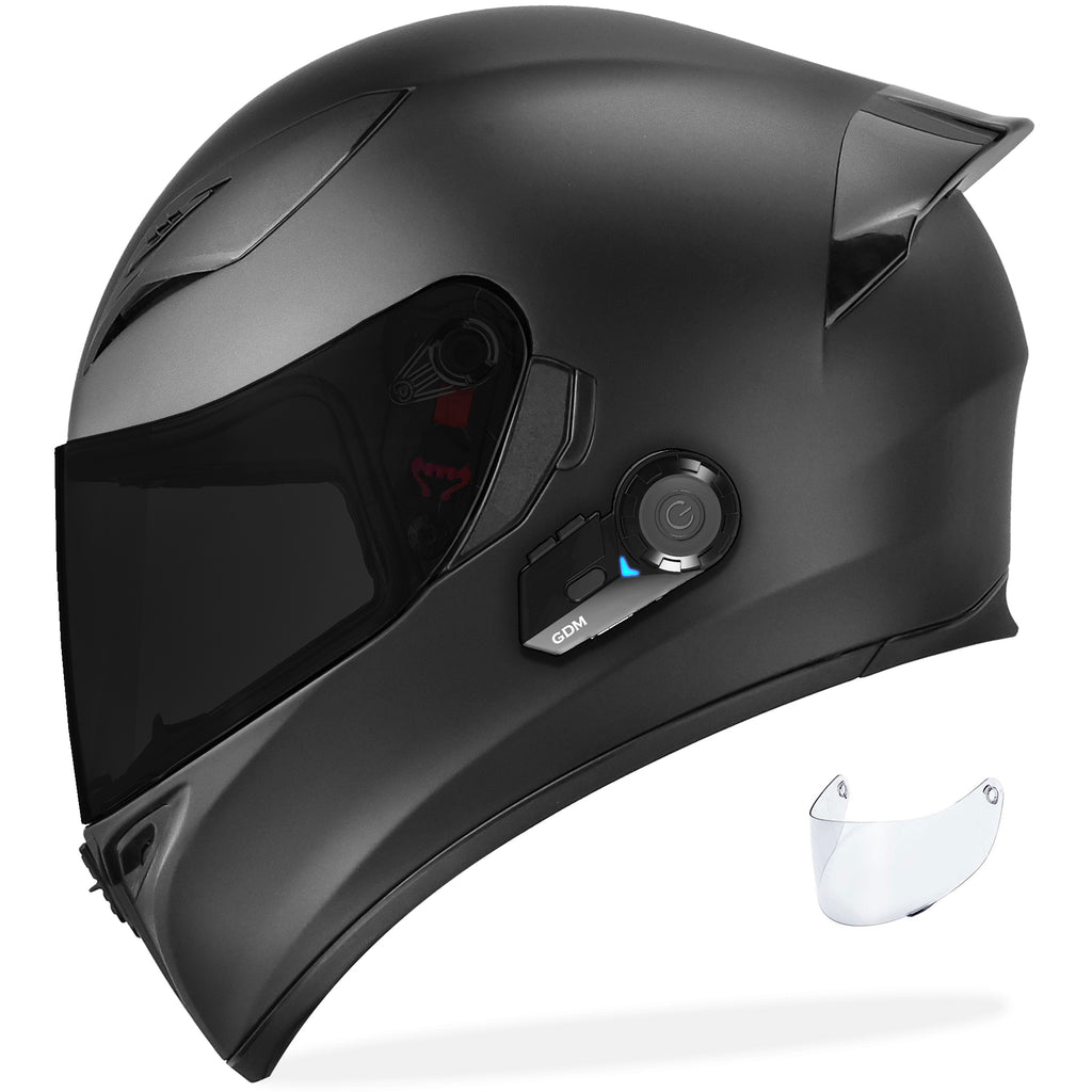 GDM Ghost Motorcycle Helmet with Bluetooth Headset Matte Black / Tinted & Clear / Large