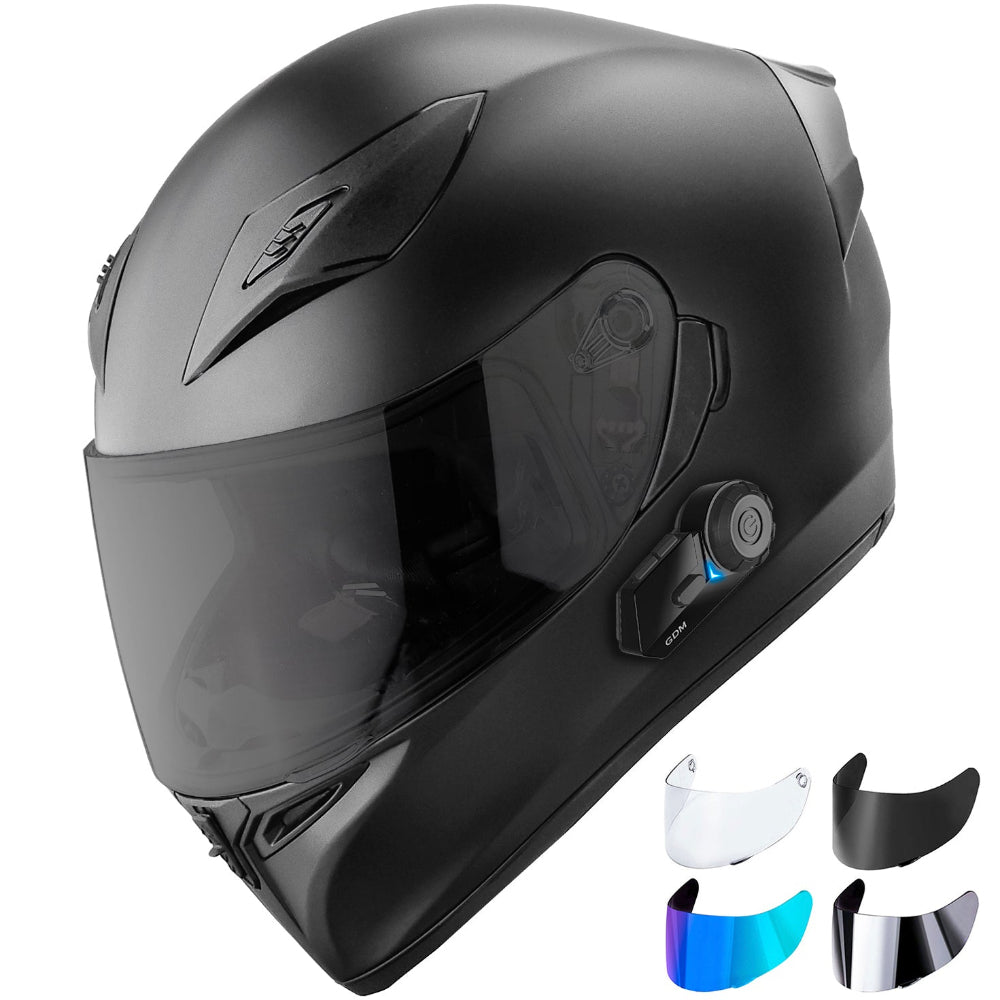 Black motorcycle helmet with bluetooth headset GDM
