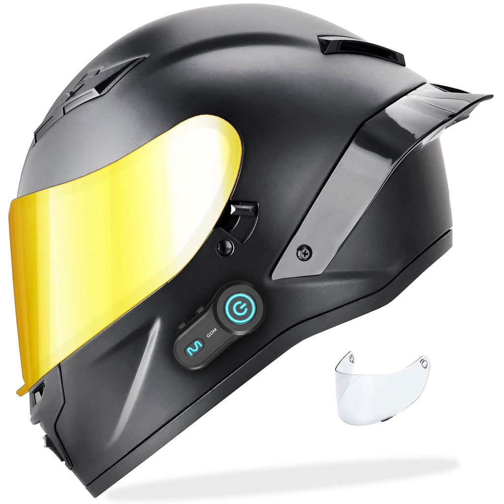 GDM DEMON Bluetooth Motorcycle Helmet with Intercom in matte black finish, featuring aerodynamic full face design and detachable Gold visor.