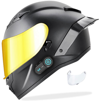 GDM DEMON Bluetooth Motorcycle Helmet with Intercom in matte black finish, featuring aerodynamic full face design and detachable Gold visor.