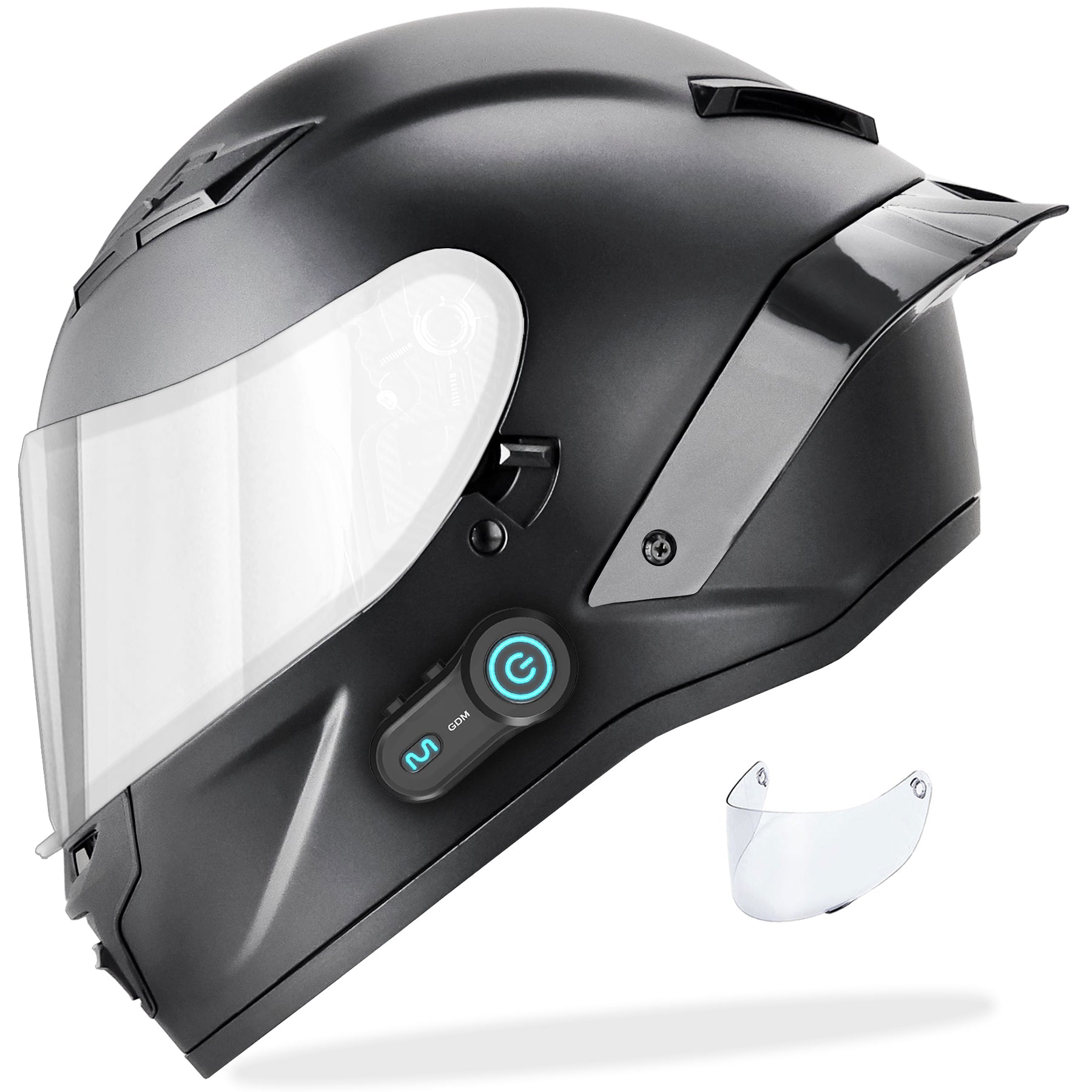 GDM DEMON Bluetooth Motorcycle Helmet with Intercom in matte black finish, featuring aerodynamic full face design and detachable Chrome Silver visor.