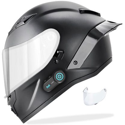 GDM DEMON Bluetooth Motorcycle Helmet with Intercom in matte black finish, featuring aerodynamic full face design and detachable Chrome Silver visor.