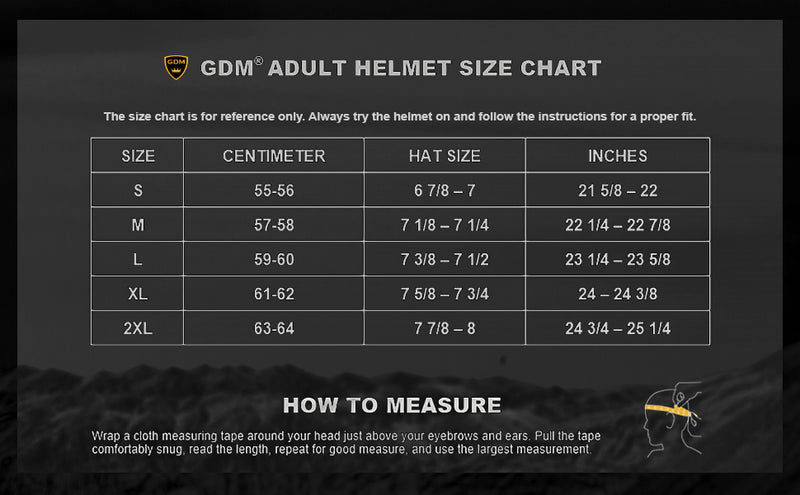Size chart for GDM BEAST Bluetooth Dual-Sport Dirt Bike Helmet