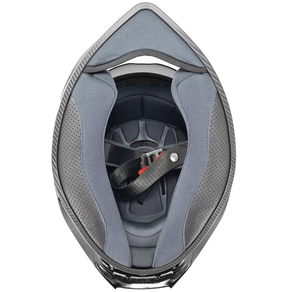 GDM DEMON Bluetooth Motorcycle Helmet with Intercom in matte black finish, featuring aerodynamic full face design and detachable clear visor. inside view of padding