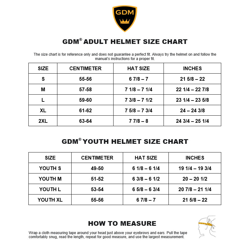 GDM Motorcycle Helmets Size Chart