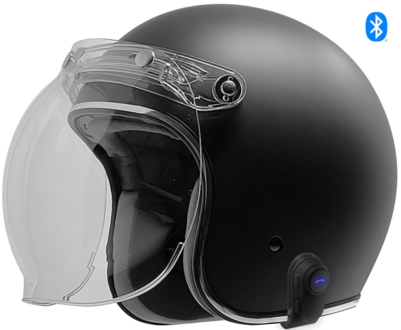 GDM RENEGADE Bluetooth Open Face Motorcycle Helmet 3/4 Vintage Matte Black Small / Matte Black / Clear